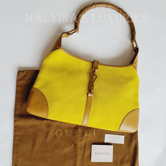 GUCCI BAG JACKIE YELLOW SUEDE LEATHER BAMBOO HANDLE HOBO - Picture 3 of 10